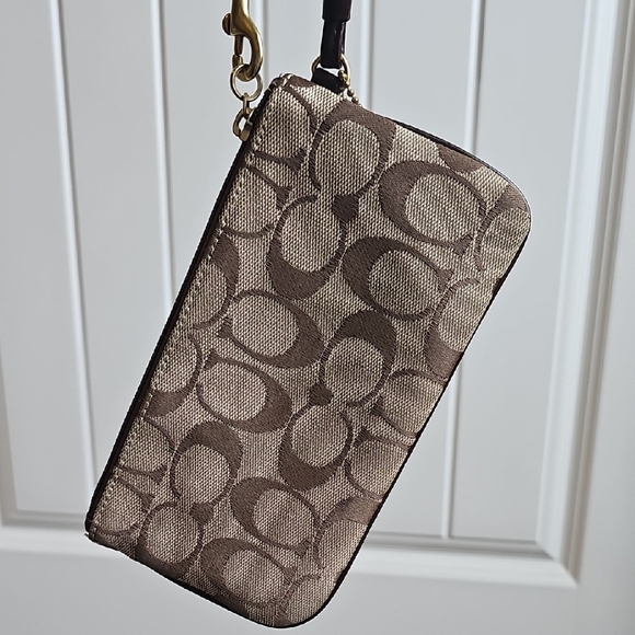 Coach Signature Brown and Tan Wristlet Leather, Suede, Gold Accents - Picture 5 of 7